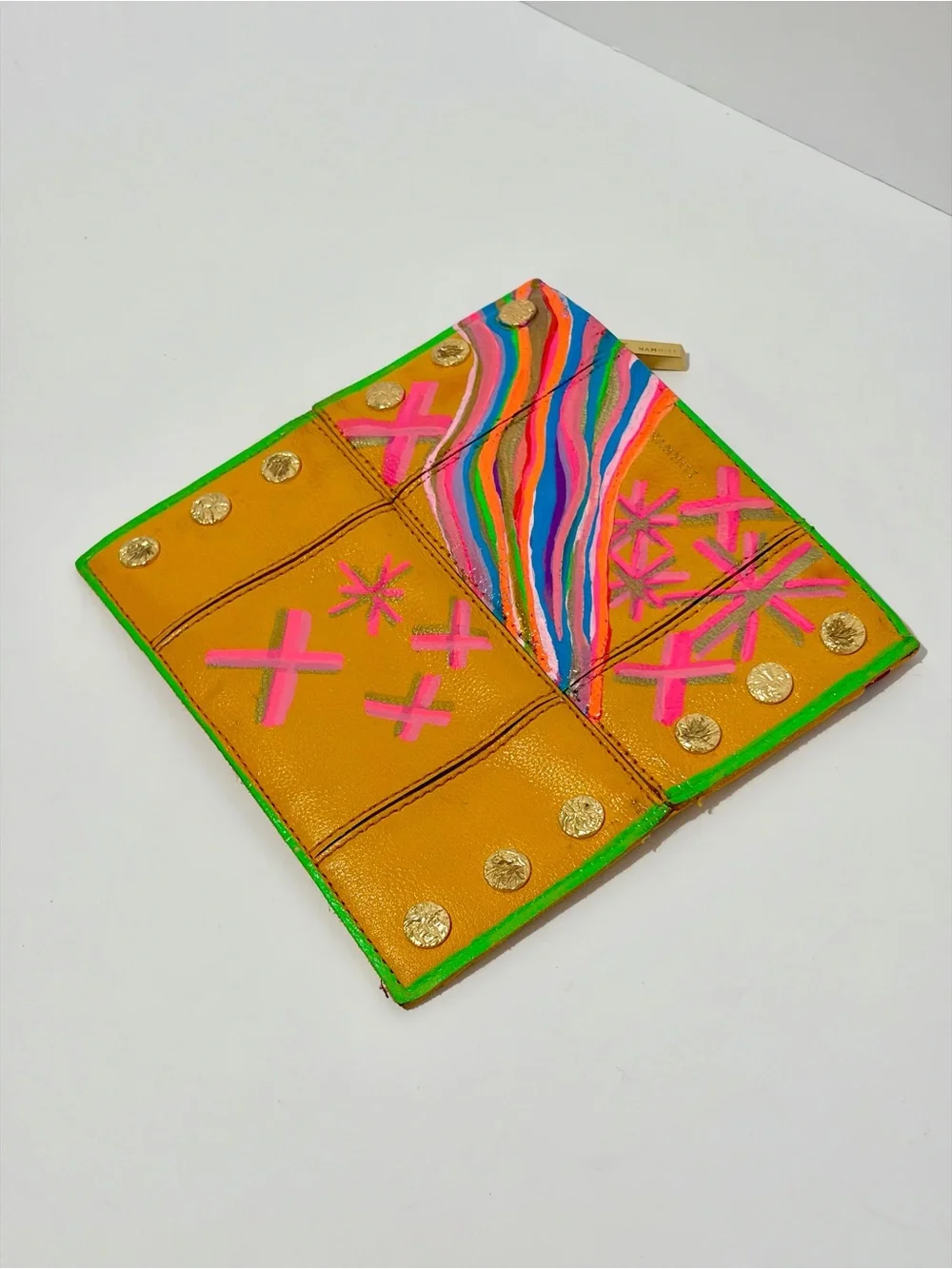 HAMMITT 110 North In Tangerine/Brushed Gold Hammered Rivets Hand Painted Wallet